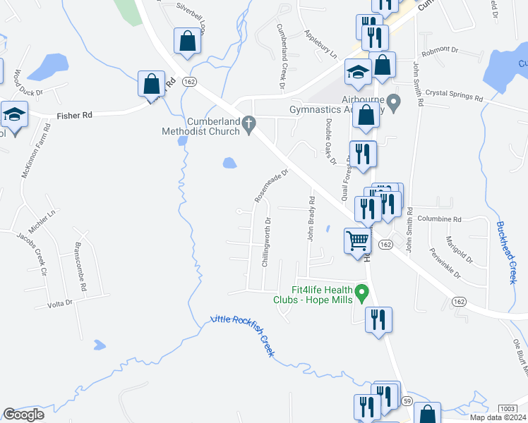 map of restaurants, bars, coffee shops, grocery stores, and more near 2824 Chillingworth Drive in Fayetteville