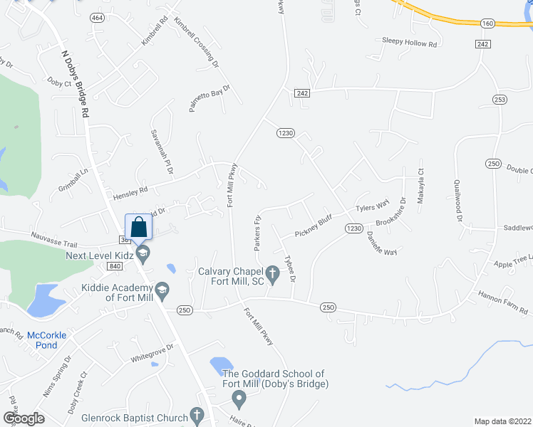 map of restaurants, bars, coffee shops, grocery stores, and more near 3912 Parkers Ferry in Fort Mill