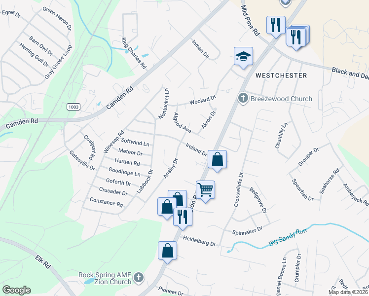 map of restaurants, bars, coffee shops, grocery stores, and more near 3556 Ireland Drive in Hope Mills