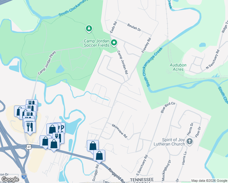 map of restaurants, bars, coffee shops, grocery stores, and more near 425 Frawley Road in Chattanooga