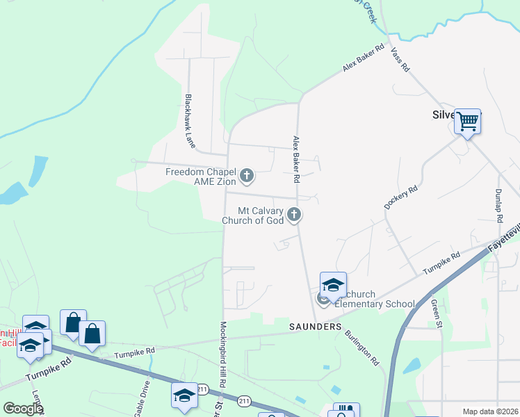 map of restaurants, bars, coffee shops, grocery stores, and more near 293 New Freedom Church Road in Raeford