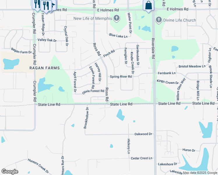 map of restaurants, bars, coffee shops, grocery stores, and more near 5566 Ross Road in Memphis