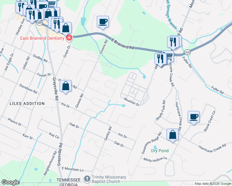 map of restaurants, bars, coffee shops, grocery stores, and more near 8516 Oak View Drive in Chattanooga
