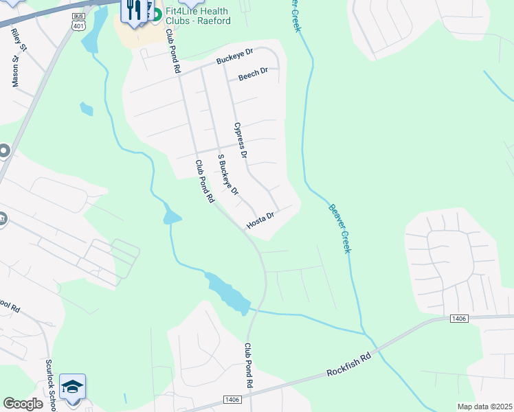 map of restaurants, bars, coffee shops, grocery stores, and more near 580 South Buckeye Drive in Raeford