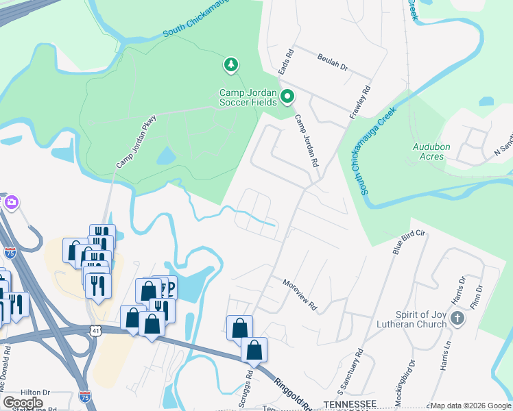 map of restaurants, bars, coffee shops, grocery stores, and more near 503 Frawley Road in Chattanooga