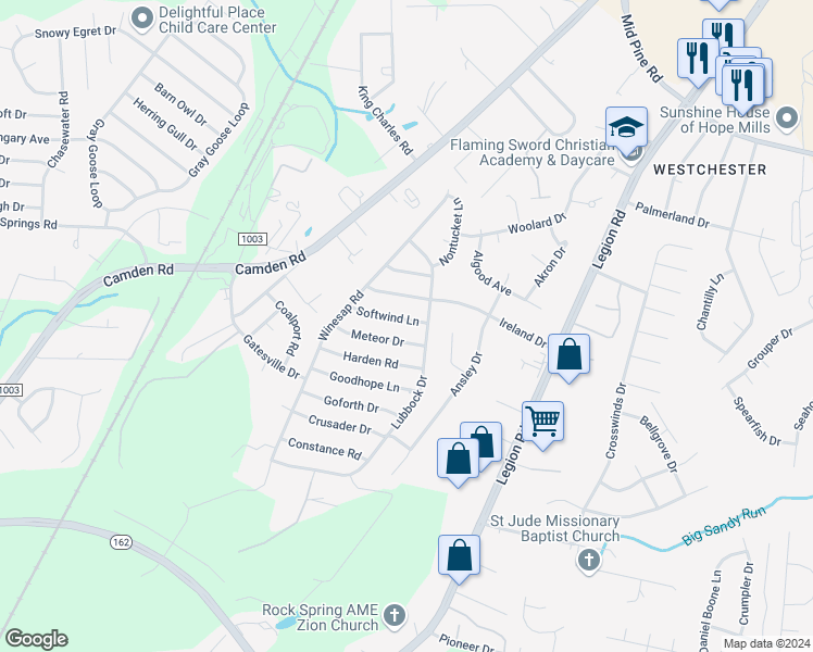 map of restaurants, bars, coffee shops, grocery stores, and more near 3817 Softwind Lane in Hope Mills