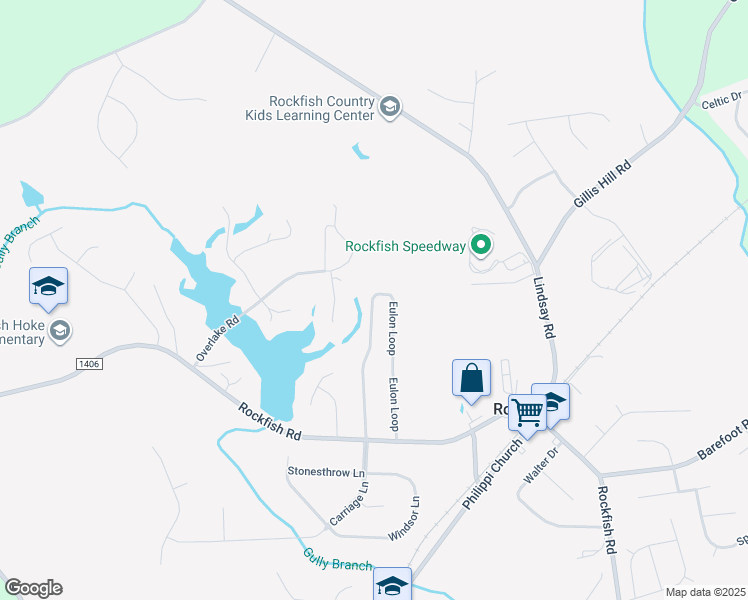 map of restaurants, bars, coffee shops, grocery stores, and more near 138 Eulon Loop in Raeford