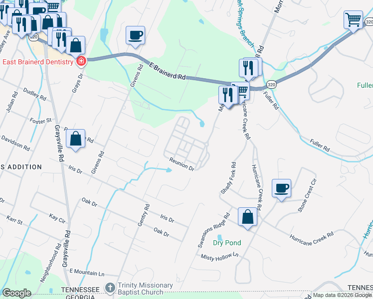 map of restaurants, bars, coffee shops, grocery stores, and more near 1066 Restoration Drive in Chattanooga