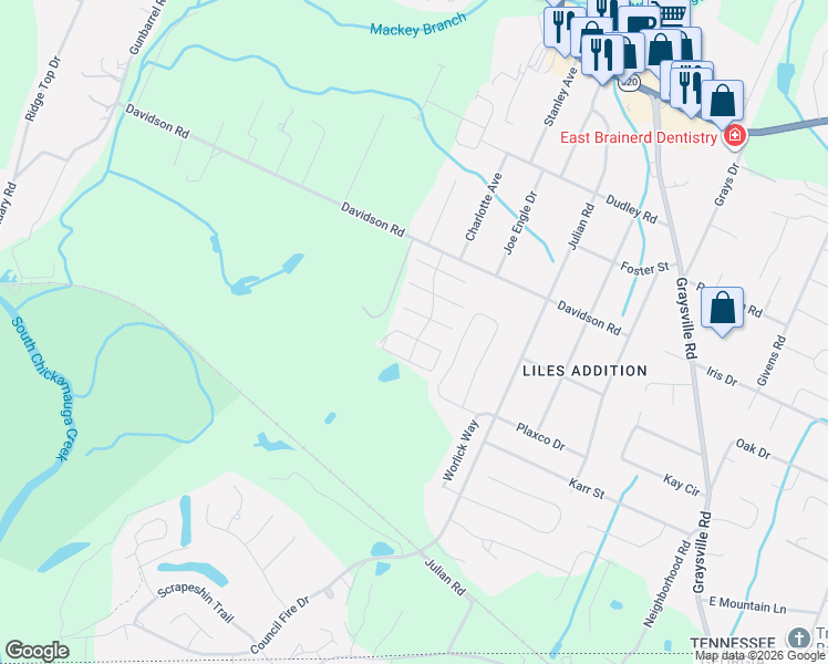 map of restaurants, bars, coffee shops, grocery stores, and more near 367 Callaway Court in Chattanooga