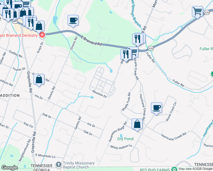 map of restaurants, bars, coffee shops, grocery stores, and more near 1066 Restoration Dr in Chattanooga