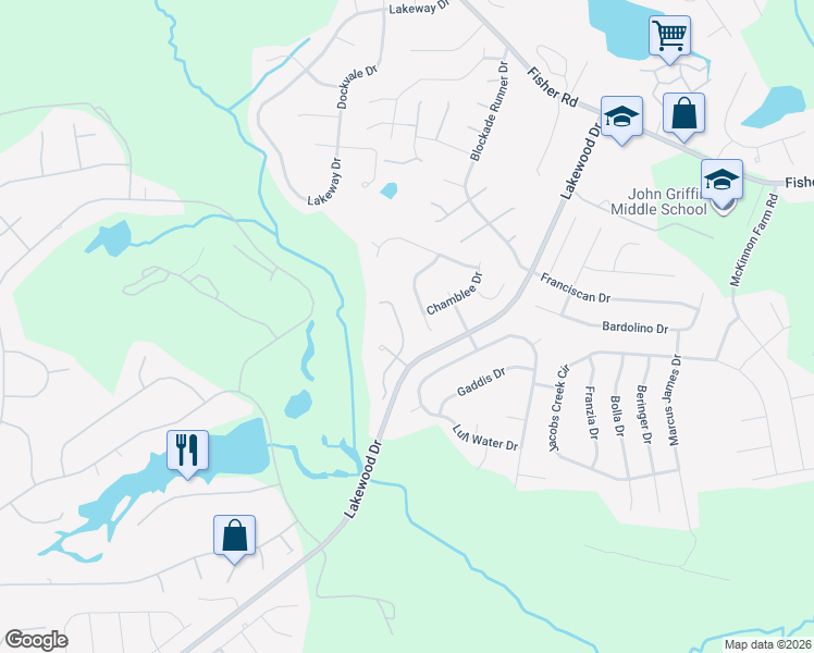 map of restaurants, bars, coffee shops, grocery stores, and more near 2966 Brookcrossing Drive in Fayetteville