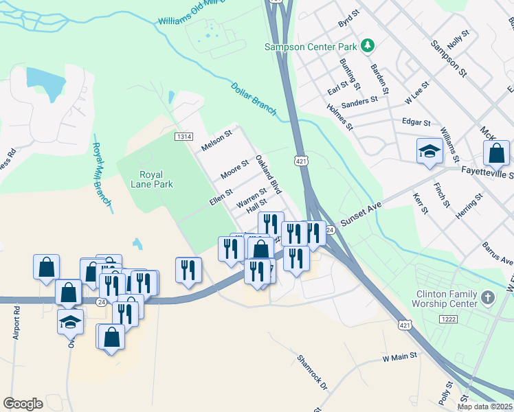 map of restaurants, bars, coffee shops, grocery stores, and more near 1000 Hall Street in Clinton