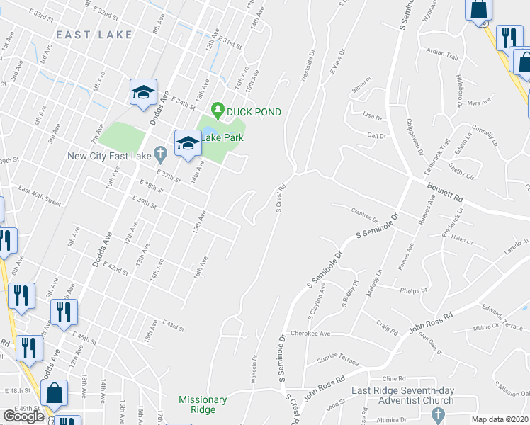 map of restaurants, bars, coffee shops, grocery stores, and more near 562 West Shadowlawn Drive in Chattanooga