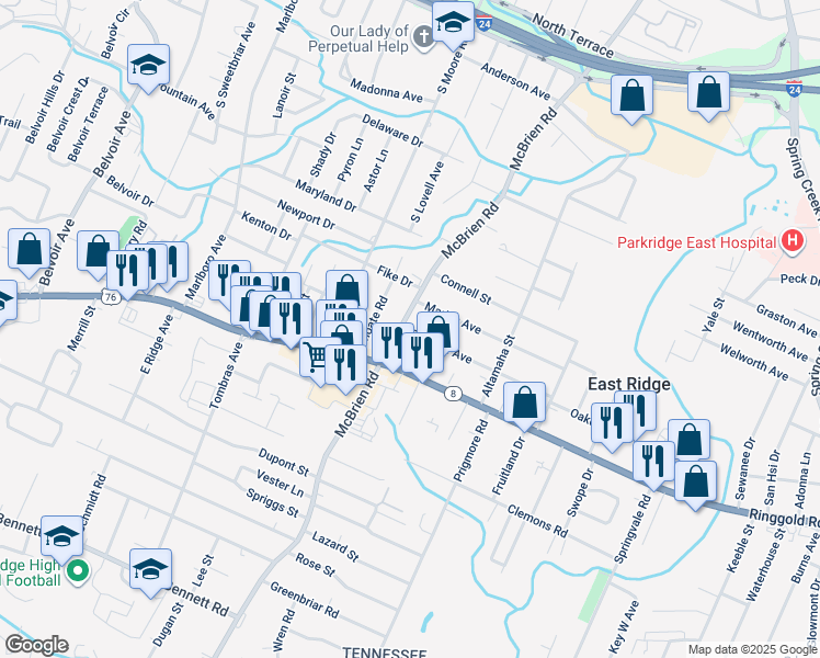 map of restaurants, bars, coffee shops, grocery stores, and more near 1314 Mcbrien Road in Chattanooga