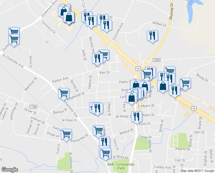 map of restaurants, bars, coffee shops, grocery stores, and more near 1403 Cherry Street in Monroe