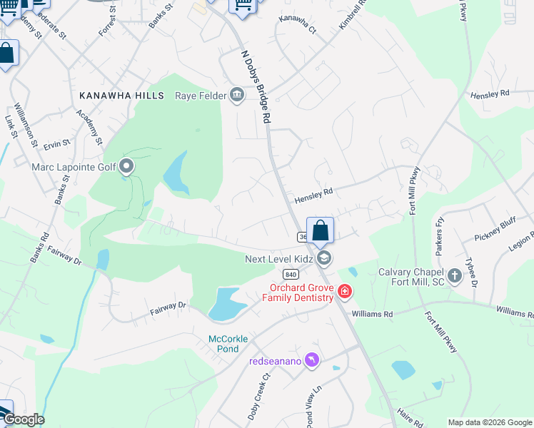 map of restaurants, bars, coffee shops, grocery stores, and more near 110 Stirling Heights Lane in Fort Mill