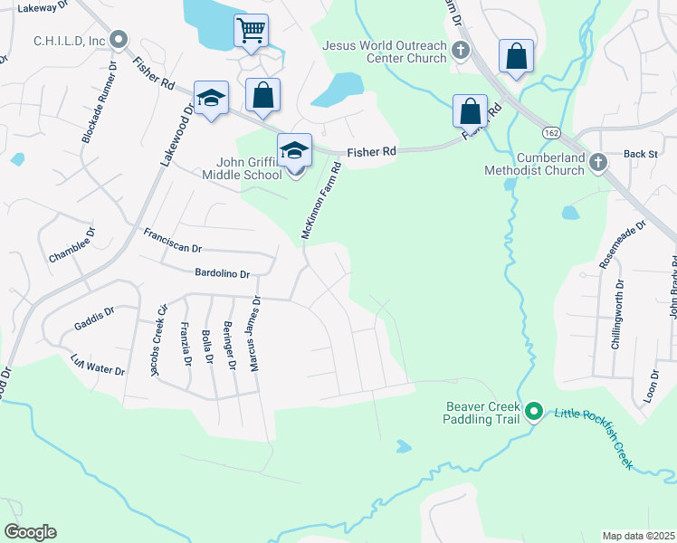 map of restaurants, bars, coffee shops, grocery stores, and more near 3018 McCandless Court in Fayetteville