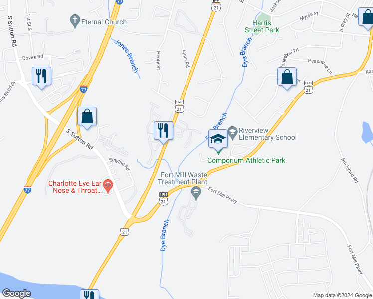 map of restaurants, bars, coffee shops, grocery stores, and more near 435 Scarlett Lane in Fort Mill