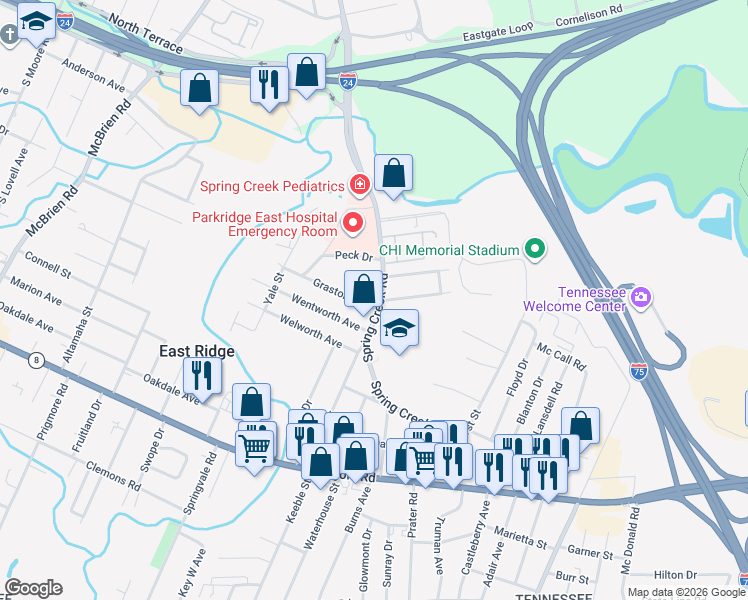 map of restaurants, bars, coffee shops, grocery stores, and more near 1007 Spring Creek Road in East Ridge