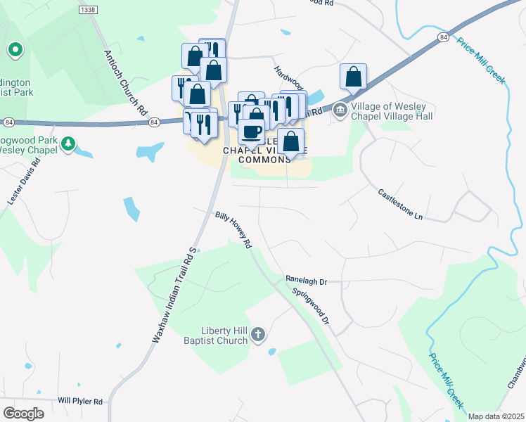 map of restaurants, bars, coffee shops, grocery stores, and more near 6321 Crosshall Place in Waxhaw