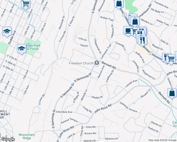 map of restaurants, bars, coffee shops, grocery stores, and more near 3448 Shadowlawn Drive in Chattanooga