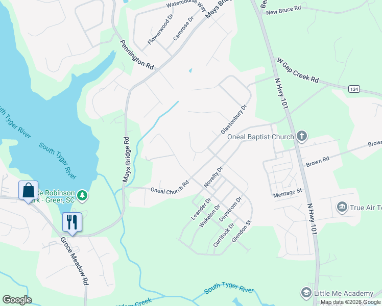 map of restaurants, bars, coffee shops, grocery stores, and more near 101 Cotton Hill Lane in Greer