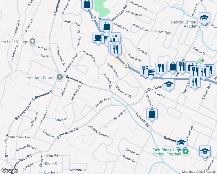 map of restaurants, bars, coffee shops, grocery stores, and more near 3714 Connelly Ln in Chattanooga