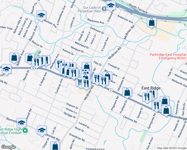 map of restaurants, bars, coffee shops, grocery stores, and more near 1416 Choate Road in Chattanooga