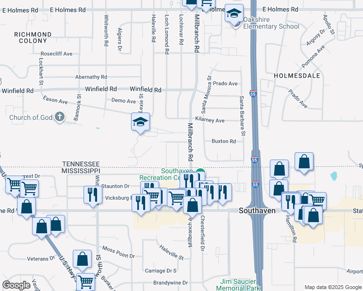 map of restaurants, bars, coffee shops, grocery stores, and more near 1643 Buxton Road in Memphis