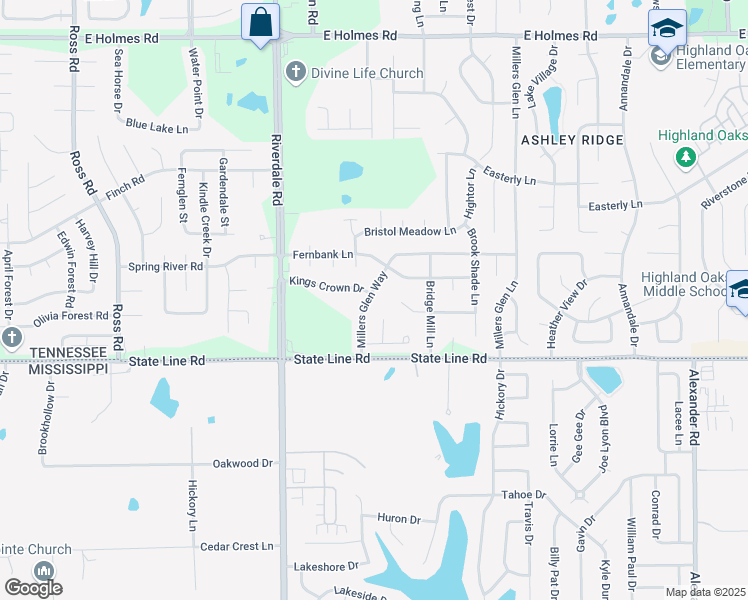 map of restaurants, bars, coffee shops, grocery stores, and more near 7077 Millers Glen Way in Memphis