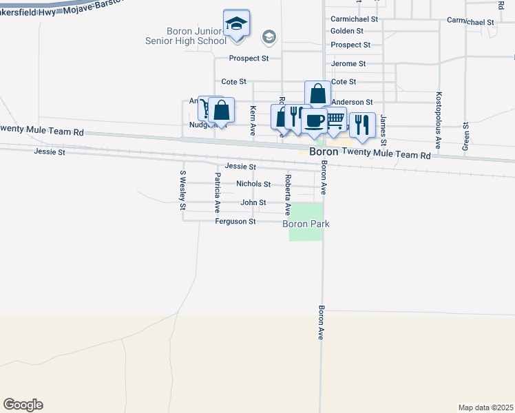 map of restaurants, bars, coffee shops, grocery stores, and more near 26800 John Street in Boron