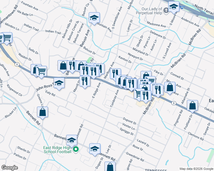 map of restaurants, bars, coffee shops, grocery stores, and more near 1501 Tombras Avenue in Chattanooga