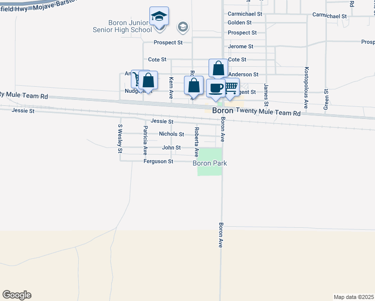 map of restaurants, bars, coffee shops, grocery stores, and more near 26880 John Street in Boron