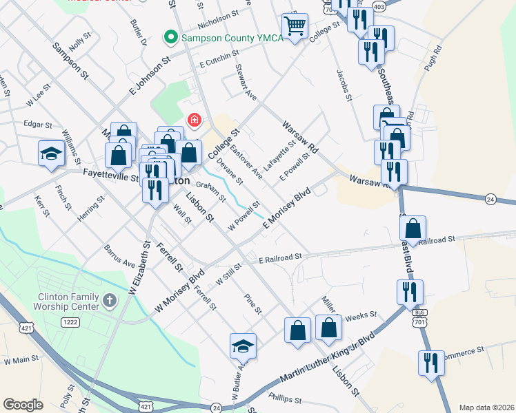 map of restaurants, bars, coffee shops, grocery stores, and more near 276-298 W Powell St in Clinton