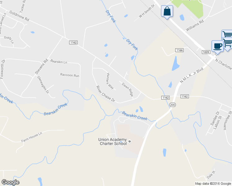 map of restaurants, bars, coffee shops, grocery stores, and more near 2301 Hunters Way in Monroe