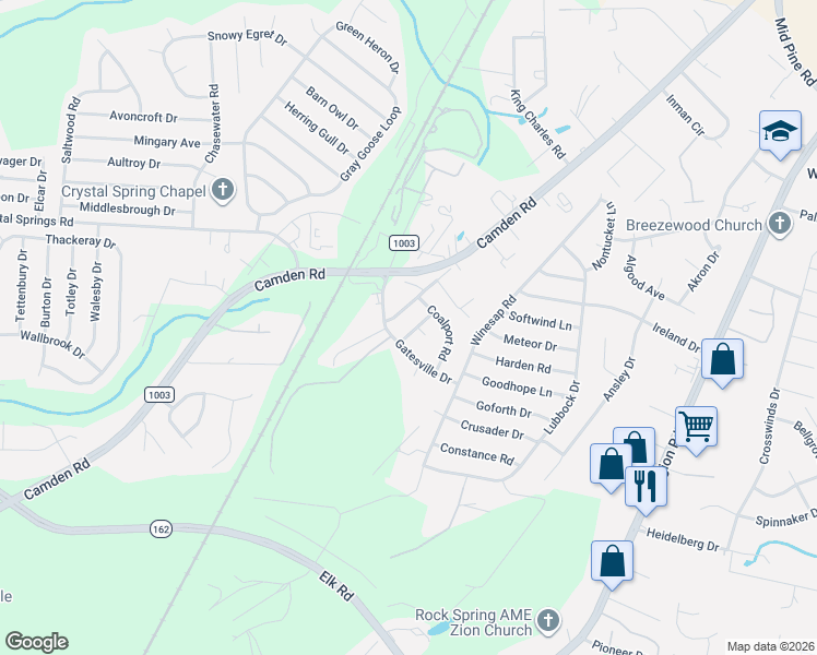 map of restaurants, bars, coffee shops, grocery stores, and more near 3616 Lismore Lane in Hope Mills