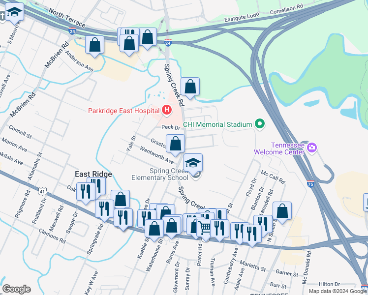 map of restaurants, bars, coffee shops, grocery stores, and more near 1007 Spring Creek Road in East Ridge