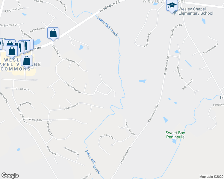 map of restaurants, bars, coffee shops, grocery stores, and more near 1031 Arroyo Vista Lane in Matthews