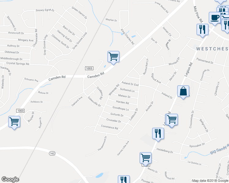 map of restaurants, bars, coffee shops, grocery stores, and more near 3918 Meteor Drive in Hope Mills