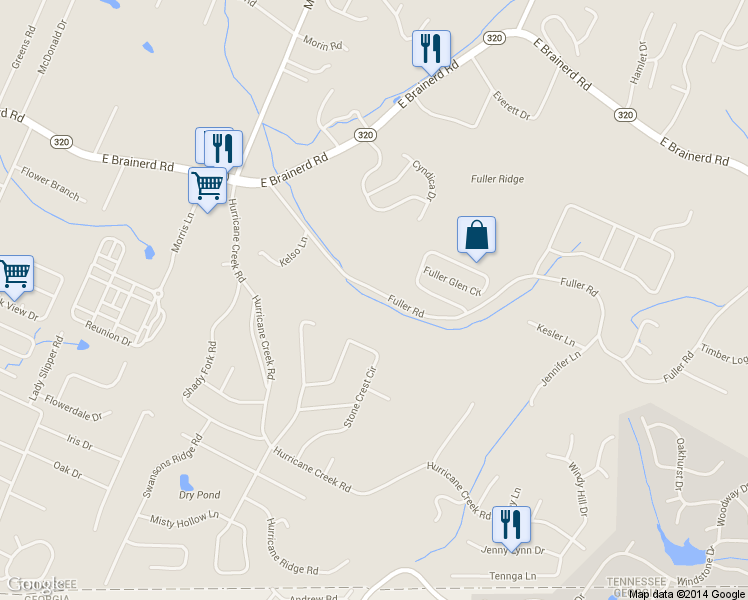 map of restaurants, bars, coffee shops, grocery stores, and more near 8934 Fuller Rd in Chattanooga