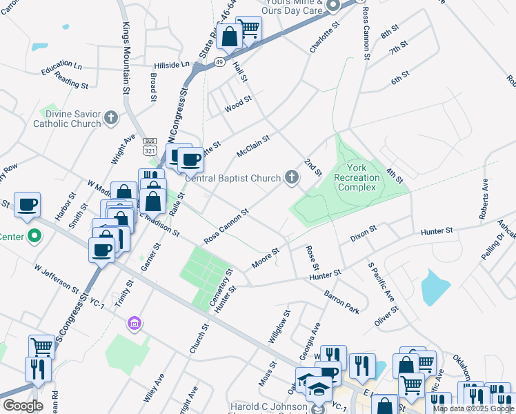 map of restaurants, bars, coffee shops, grocery stores, and more near 116 Ross Cannon Street in York