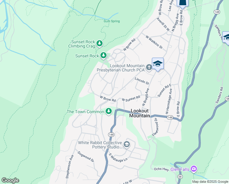 map of restaurants, bars, coffee shops, grocery stores, and more near 131 Sunset Cir in Lookout Mountain