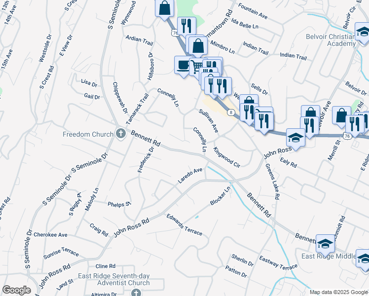 map of restaurants, bars, coffee shops, grocery stores, and more near 3603 Bennett Road in East Ridge
