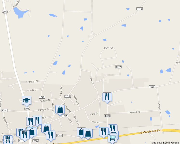 map of restaurants, bars, coffee shops, grocery stores, and more near 820 Park Drive in Marshville