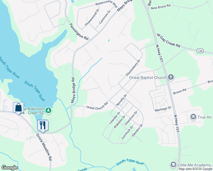 map of restaurants, bars, coffee shops, grocery stores, and more near 101 Cotton Hill Lane in Greer
