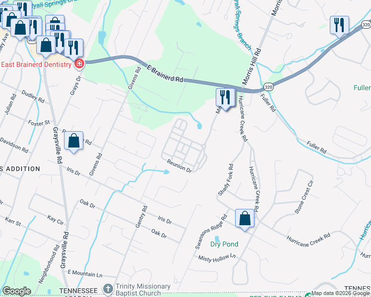map of restaurants, bars, coffee shops, grocery stores, and more near 1066 Restoration Drive in Chattanooga