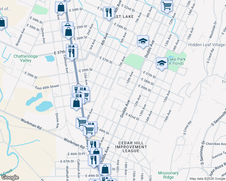 map of restaurants, bars, coffee shops, grocery stores, and more near 4000 7th Avenue in Chattanooga
