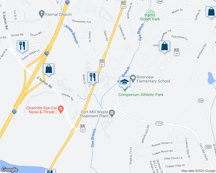 map of restaurants, bars, coffee shops, grocery stores, and more near 425 Scarlett Lane in Fort Mill