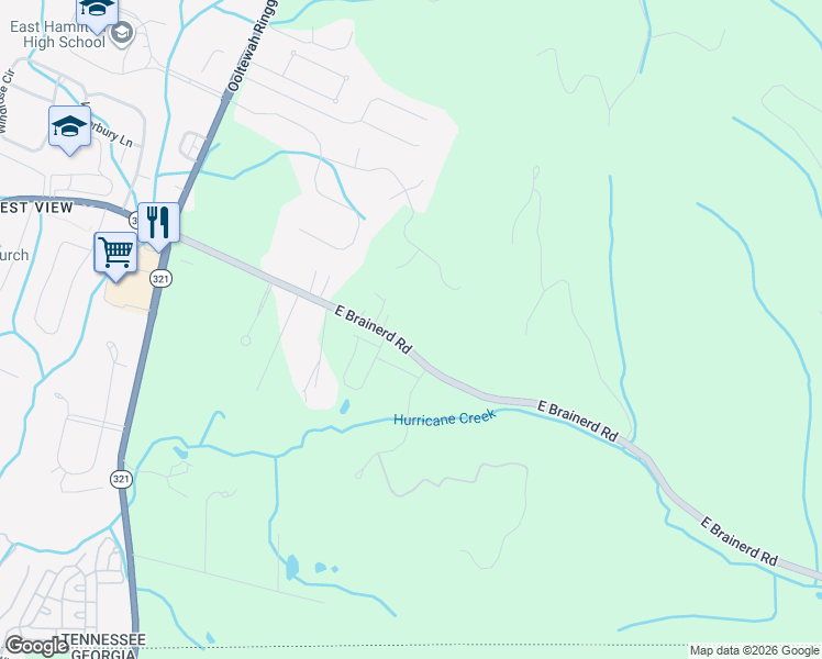 map of restaurants, bars, coffee shops, grocery stores, and more near 9811 East Brainerd Road in Ooltewah