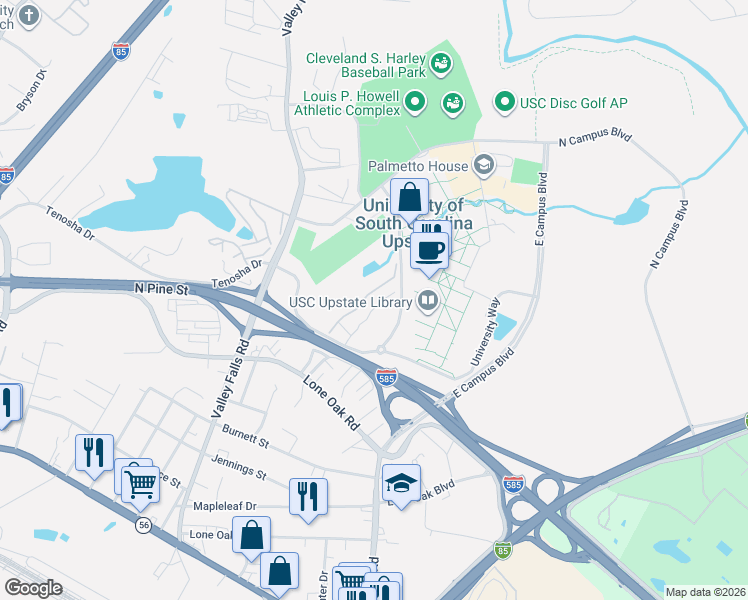 map of restaurants, bars, coffee shops, grocery stores, and more near Pinegate Drive in Spartanburg
